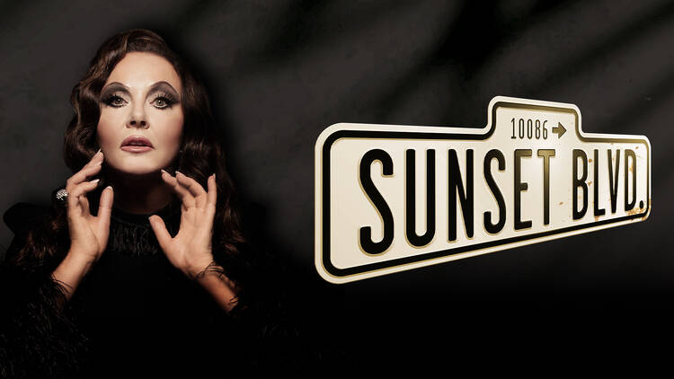 Sarah Brightman next to a street sign that says Sunset Blvd.