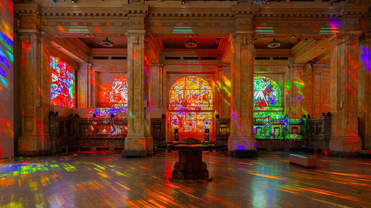 Artwork in Hall des Lumieres that looks like stained glass.