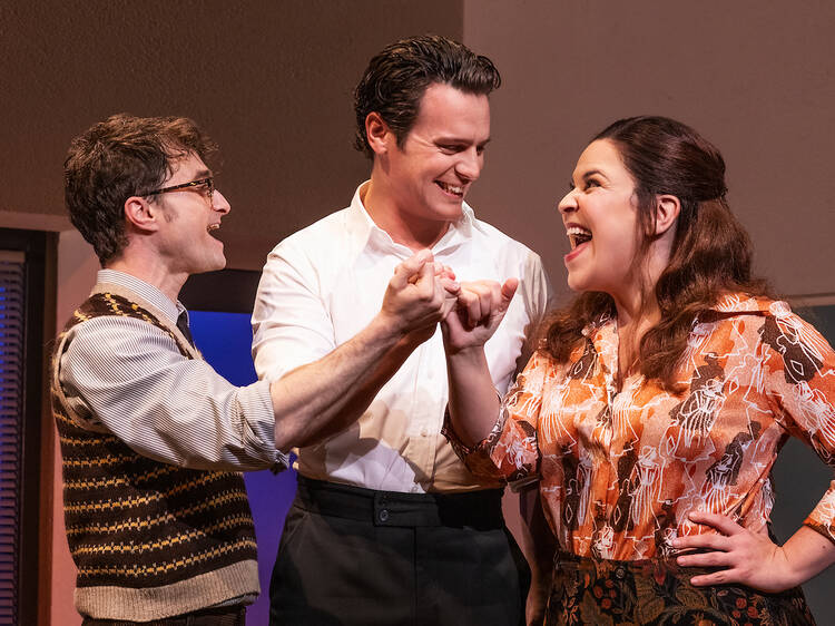 Daniel Radcliffe, Jonathan Groff and Lindsay Mendez in Merrily We Roll Along