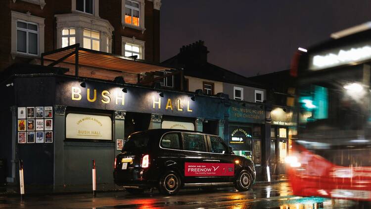 Bush Hall and FREENOW taxi cab