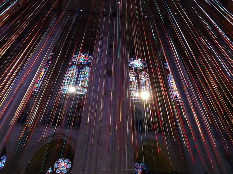 16 miles of colorful ribbons now cascade from world's largest Gothic cathedral in NYC