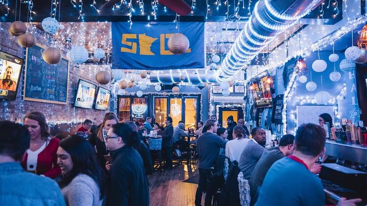 A bar with with Hanukkah-themed decorations