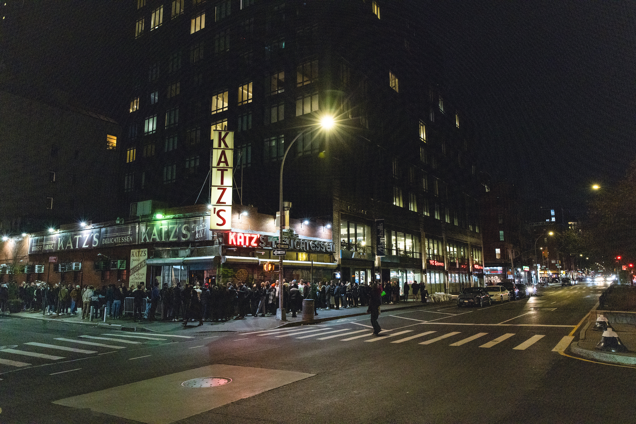 The exterior of Katz's Deli at night.