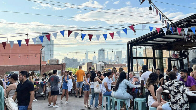 A rooftop with streamers.