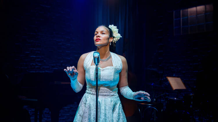 picture of zahra newman in a white dress starring as billie holiday
