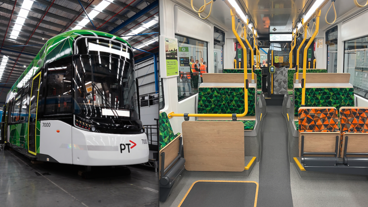 A photo of the exterior of the new tram and a photo of the interior. 
