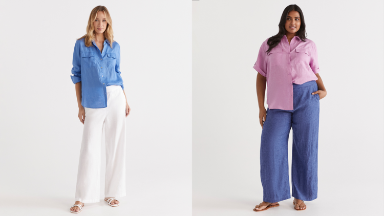 Two women modelling linen plants and relaxed collared shirts