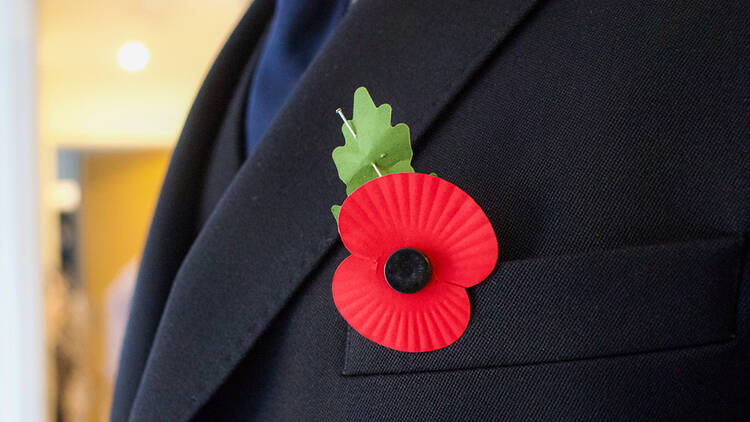 Red poppy pinned to a suit jacket