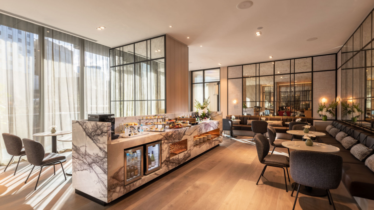 A hotel lounge with marble counters