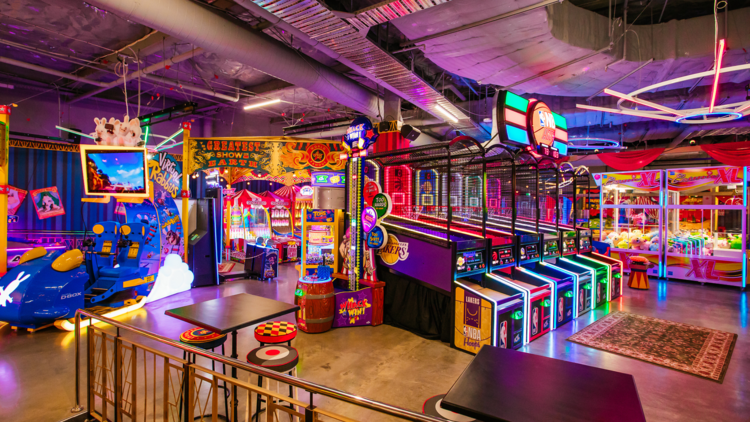 A neon lit arcade