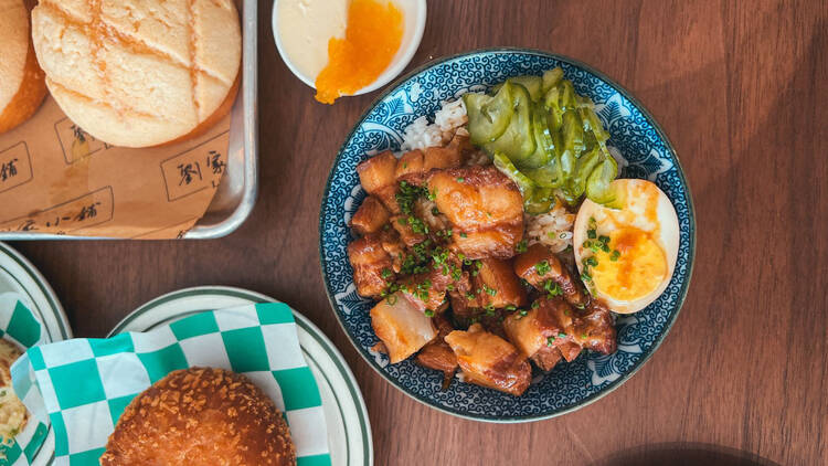 Liu's Cafe pork belly rice bowl, curry doughnut and pineapple bun