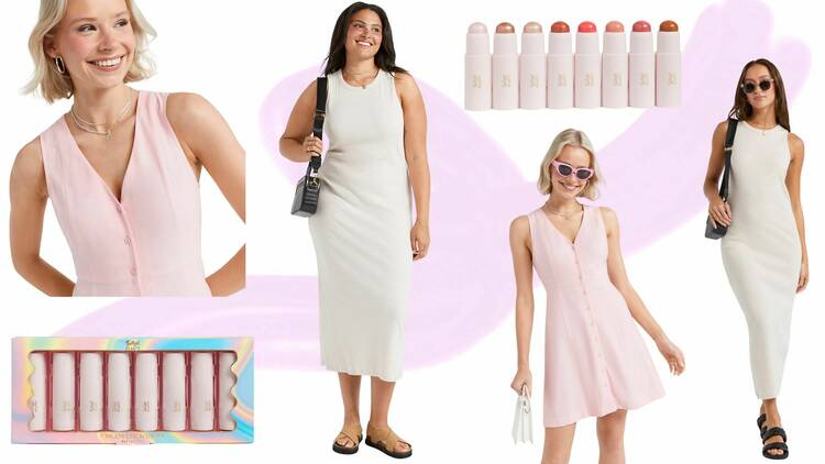 A collage featuring women modelling pink and white dresses alongside glow pigment sticks