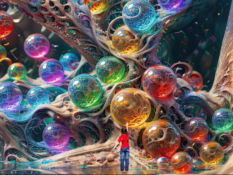 A child and a wall of colorful digital bubbles. 