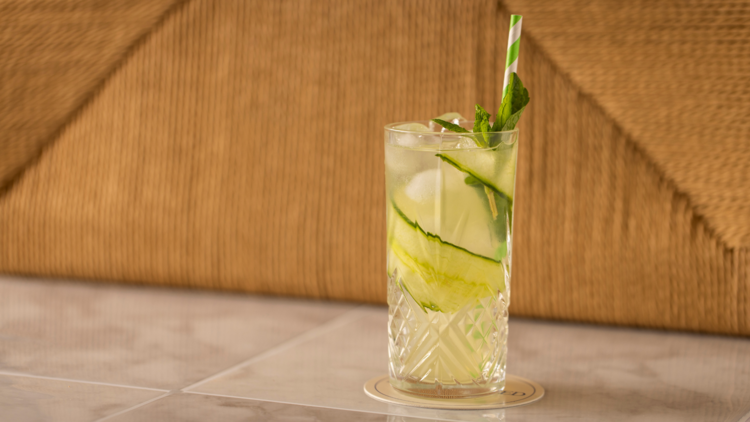 A cocktail with a cucumber and green straw