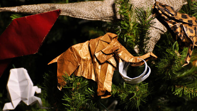 An elephant origami ornament.