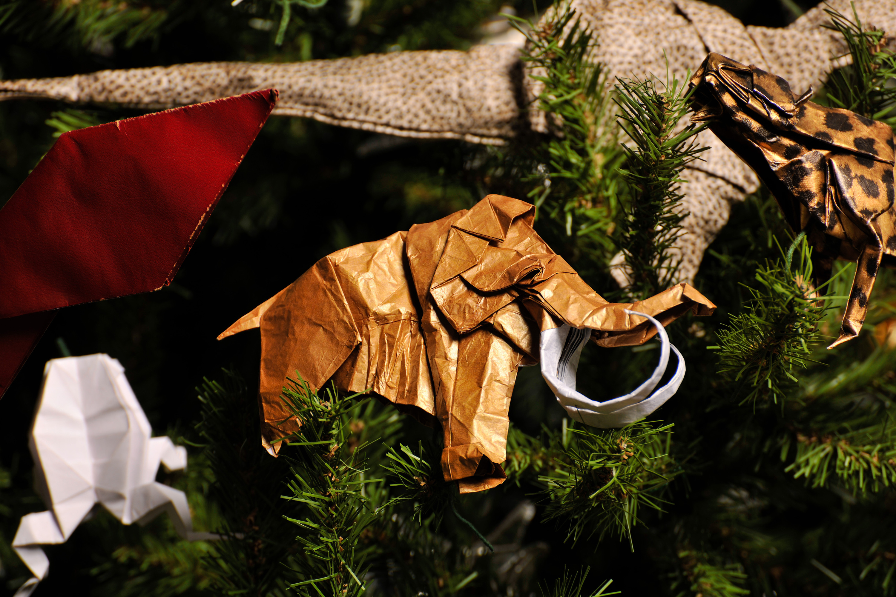 An elephant origami ornament.