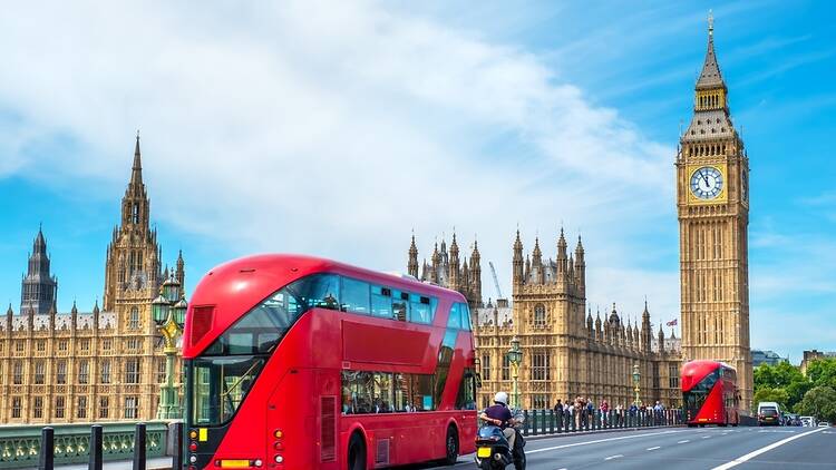 The Houses of Parliament and a red double-decker bus, London