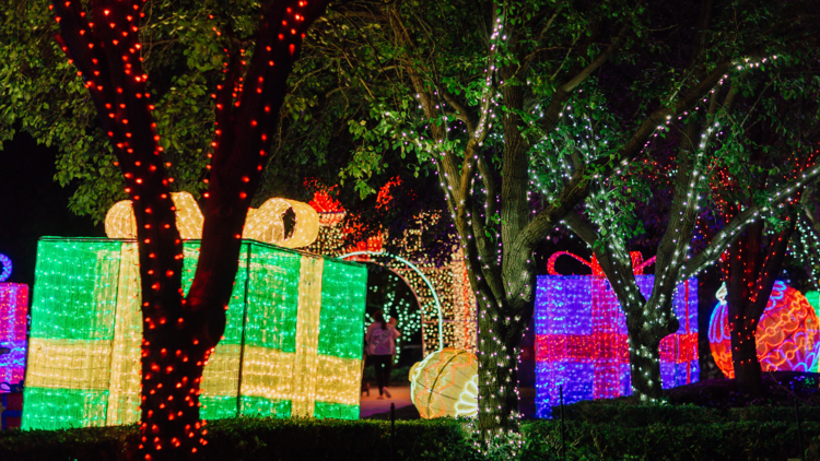 Large presents decorated in fairy lights