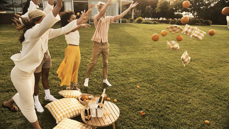 Picnic-goers playfully throwing cushions and oranges.