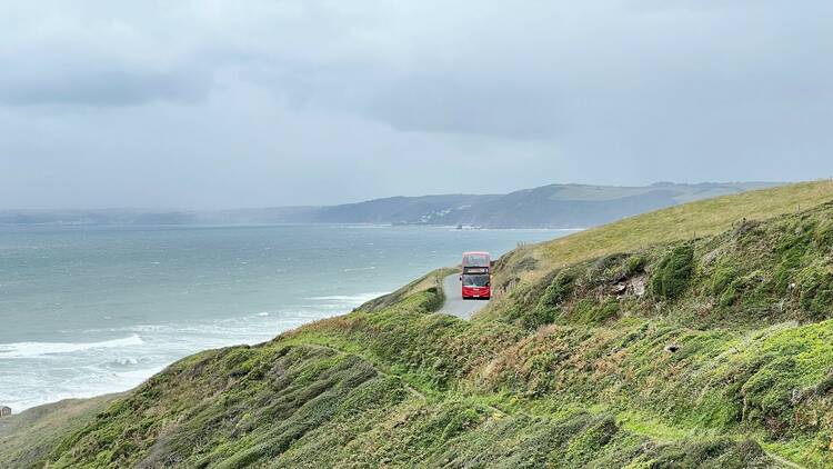 Coastal road with bus in Cornwall