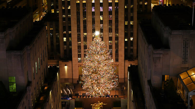 The Rockefeller Center Christmas Tree stands lit during the Rockefeller Center Christmas tree lighting ceremony on Wednesday, Nov. 30, 2022. 