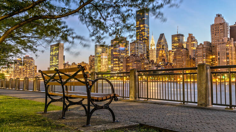 The view of Manhattan’s east side from Roosevelt Island’s esplanade