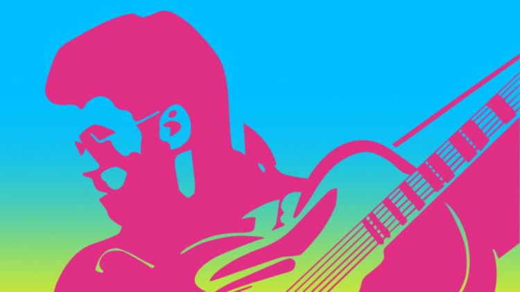 A digital artwork showing George Michael in pink over a blue and green gradient