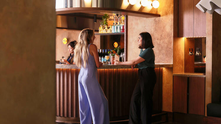 A woman in a long lilac dress chatting to a friend by a brightly lit bar. 