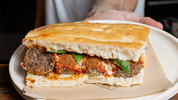 Plant-based meatball sub at Don Fred