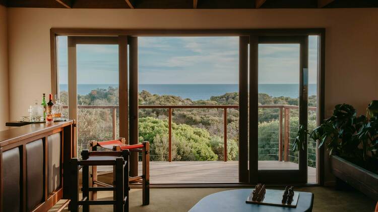 An ocean view from inside the living room. 