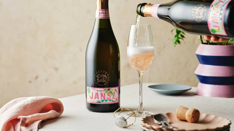 A bottle of arty sparkling rosé by Jansz Tasmania, $30