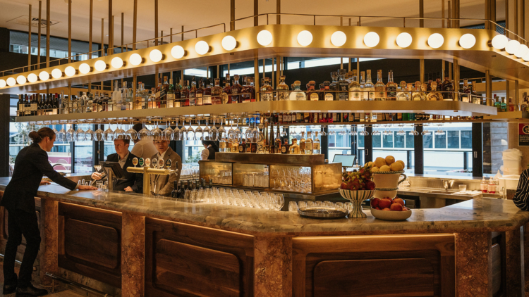 A marble bar with bright lights