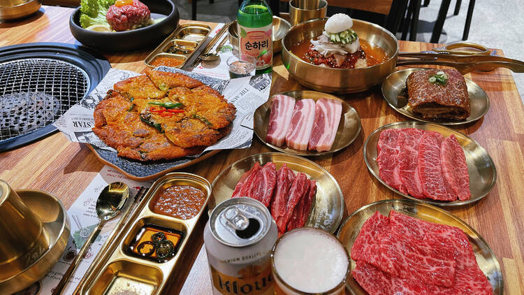 An array of dishes at Korean barbecue 