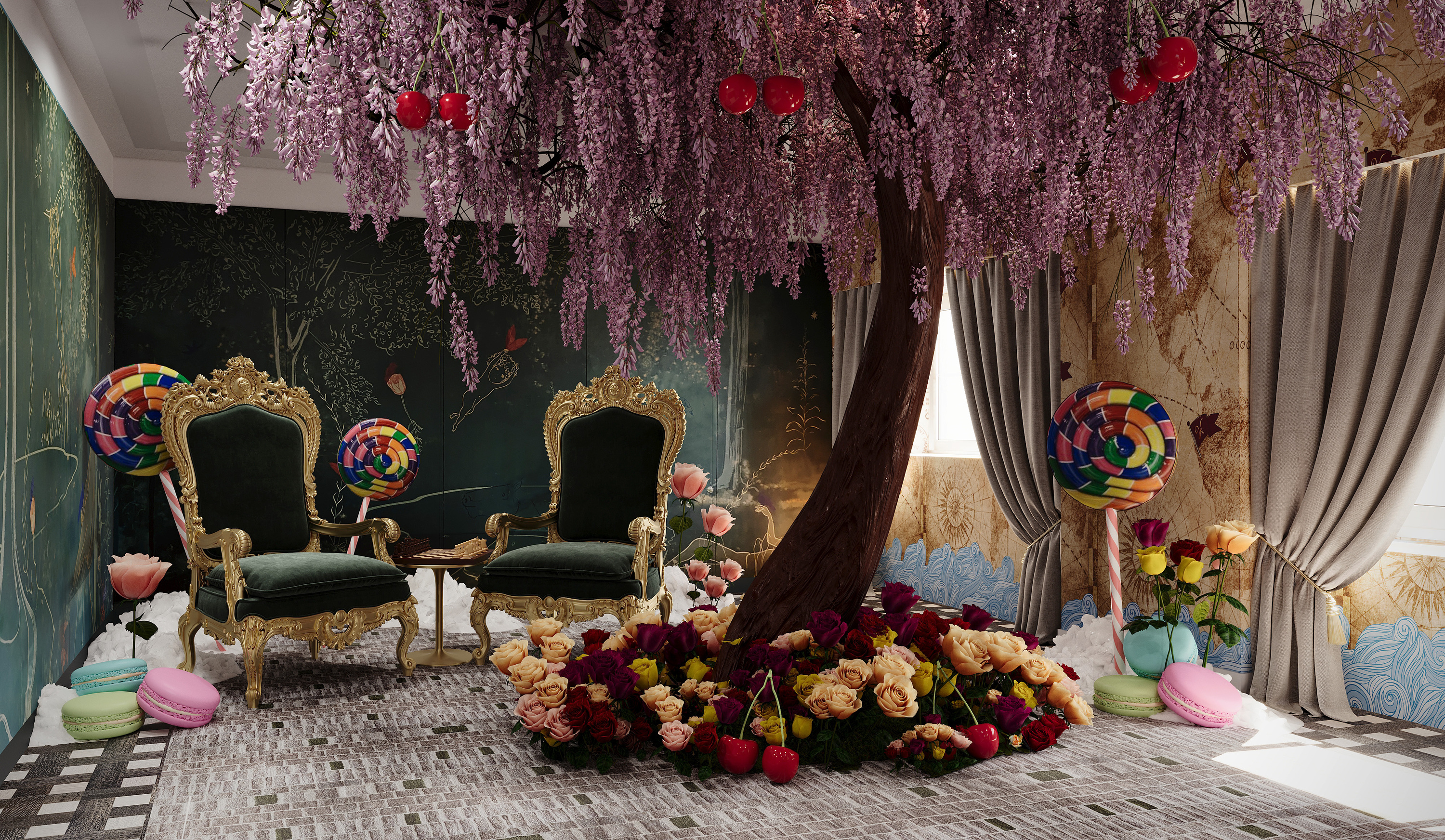 Booking.com and Park Lane New York’s Wonka Suite with a tree replica and thrones