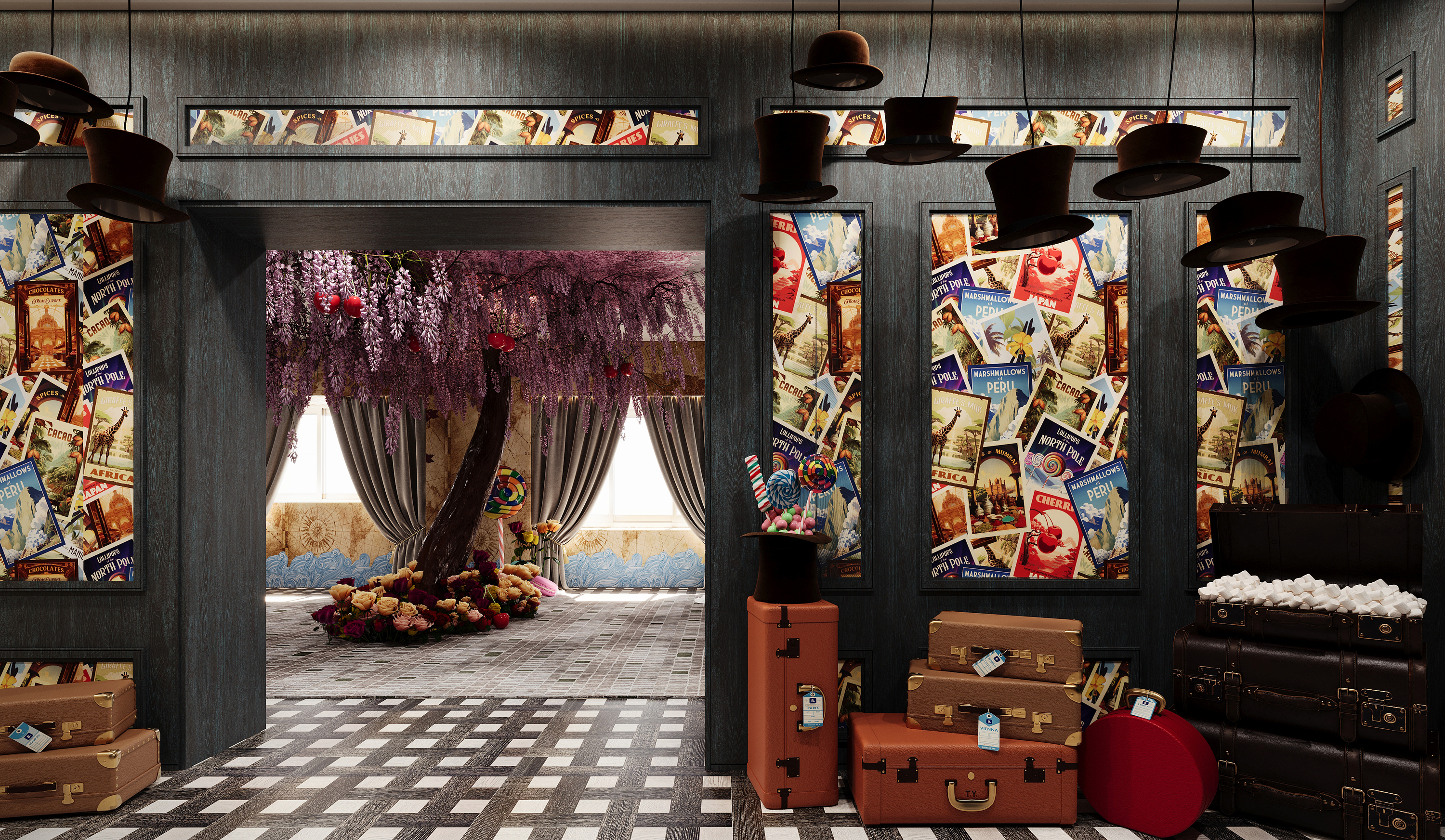 Booking.com and Park Lane New York hotel’s Wonka suite filled with top hats and suitcases