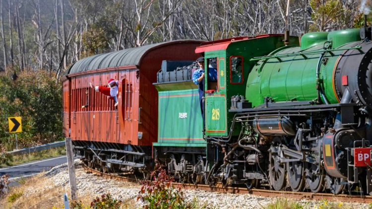 A green and red train