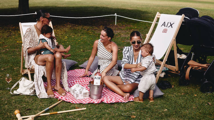 people on lawn with croquet sets and wine