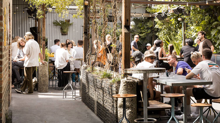 Punters gather for brunch in a sunlit courtyard