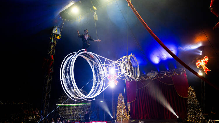 A circus performer in the ring. 