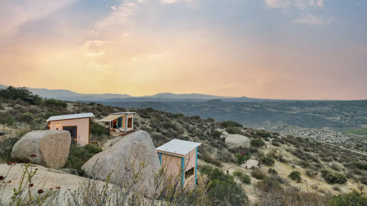 Pink cabins nestled in the desert in Aguanga.