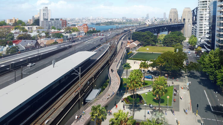 render of the new cycleway on the harbour bridge
