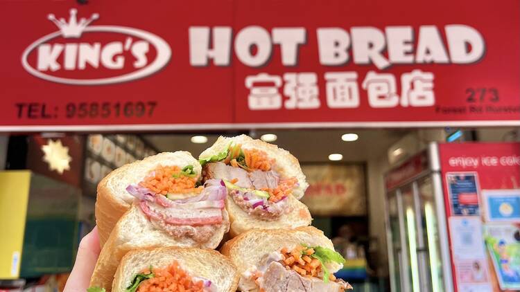 Two banh mi cut in half at Phu Cuong King's Hot Bread 