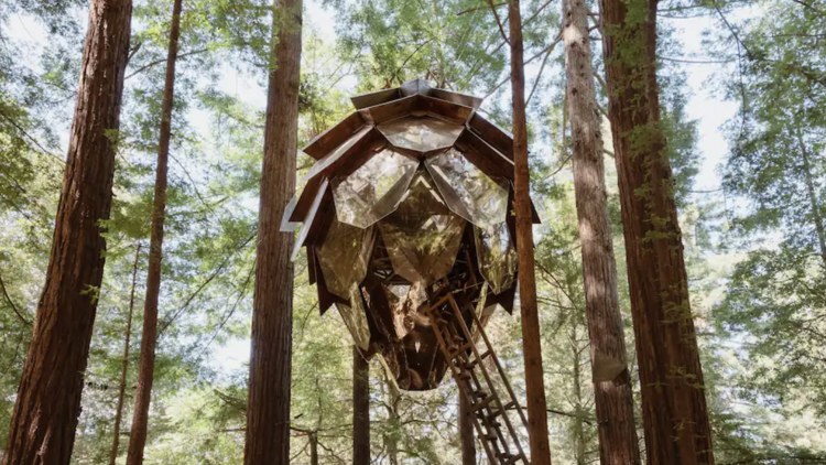 A pinecone treehouse suspended in the sky amongst the Redwood forests of Bonny Doon, California.