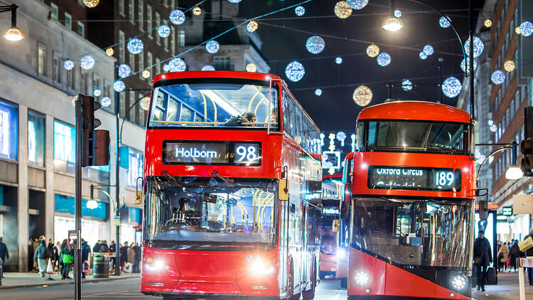 London Buses in the West End at Christmastime