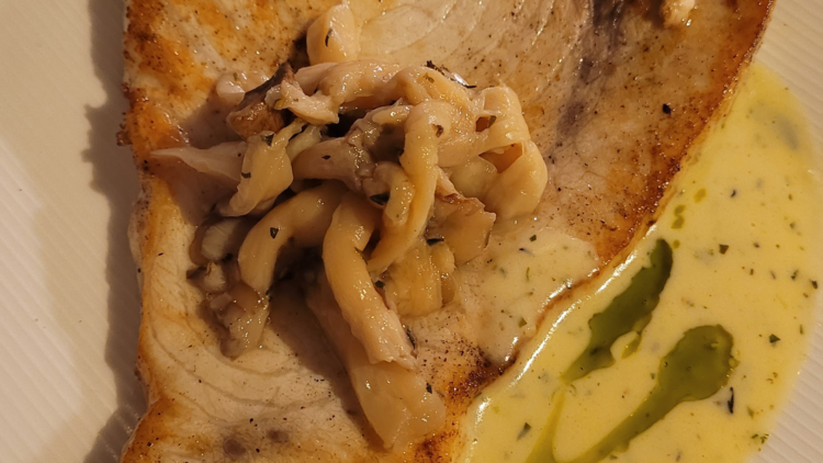 Swordfish with mushrooms and a creamy sauce.