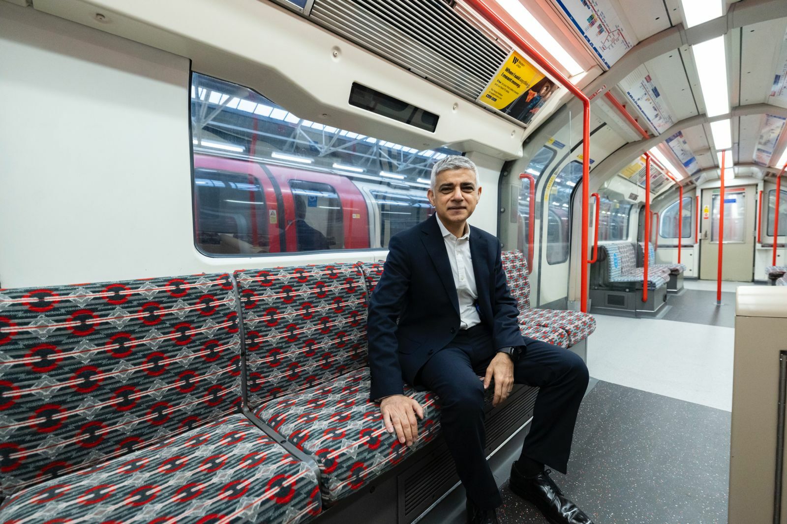 Sadiq Khan on a new Central line train