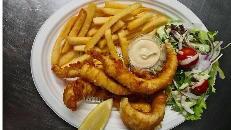 Fish, chips and salad at Macquarie Park Boathouse Cafe
