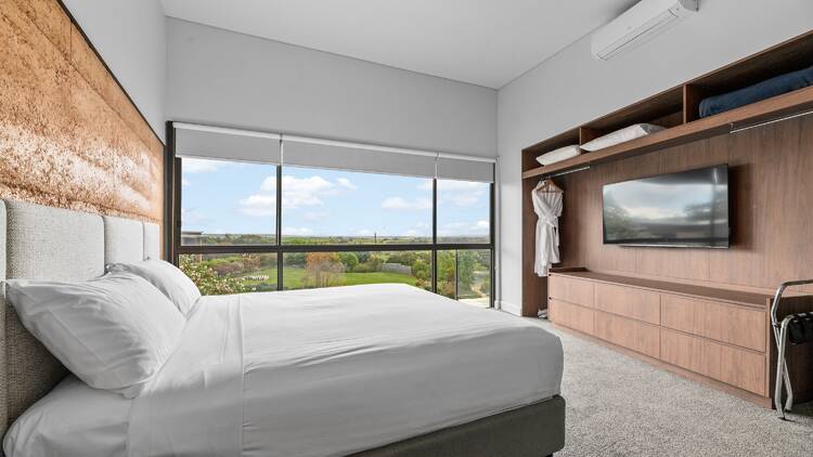 The interior of a bedroom suite. 