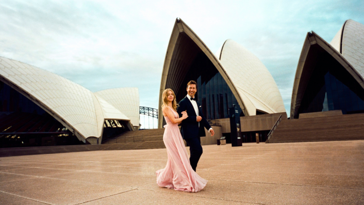 Sydney Sweeney and Glen Powell in a scene from Anyone But You at the Sydney Opera House