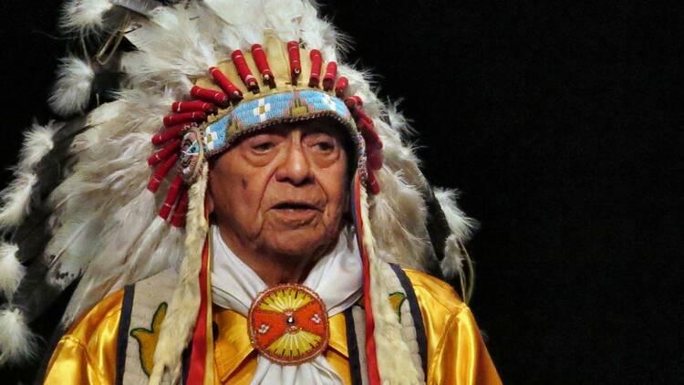 Emcee Louis Mofsie (Hopi/WInnebago) at Thunderbird American Indian Dancers' Pow-Wow